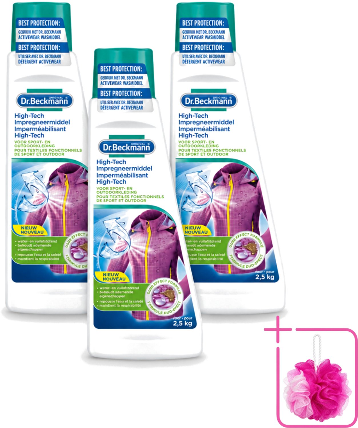 3 x Dr. Beckmann - High Tech Impregneermiddel - Sport- & Outdoorkleding - Witte en Gekleurde Was - 2.5 KG - Bulkverpakking - Sportkleding beschermen - Douchemop - Waterafstotend middel