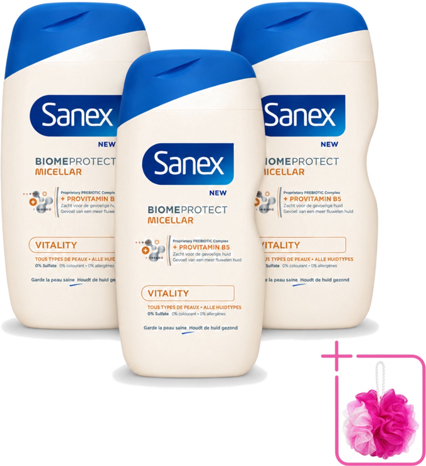 3 x Sanex - BiomeProtect Micellair - Douchegel - Vitaliteit - 0% Sulfaat - Alle Huidtypes - 400 ml - Bulkverpakking - Huid reinigen - Douchemop - Micellaire douchegel