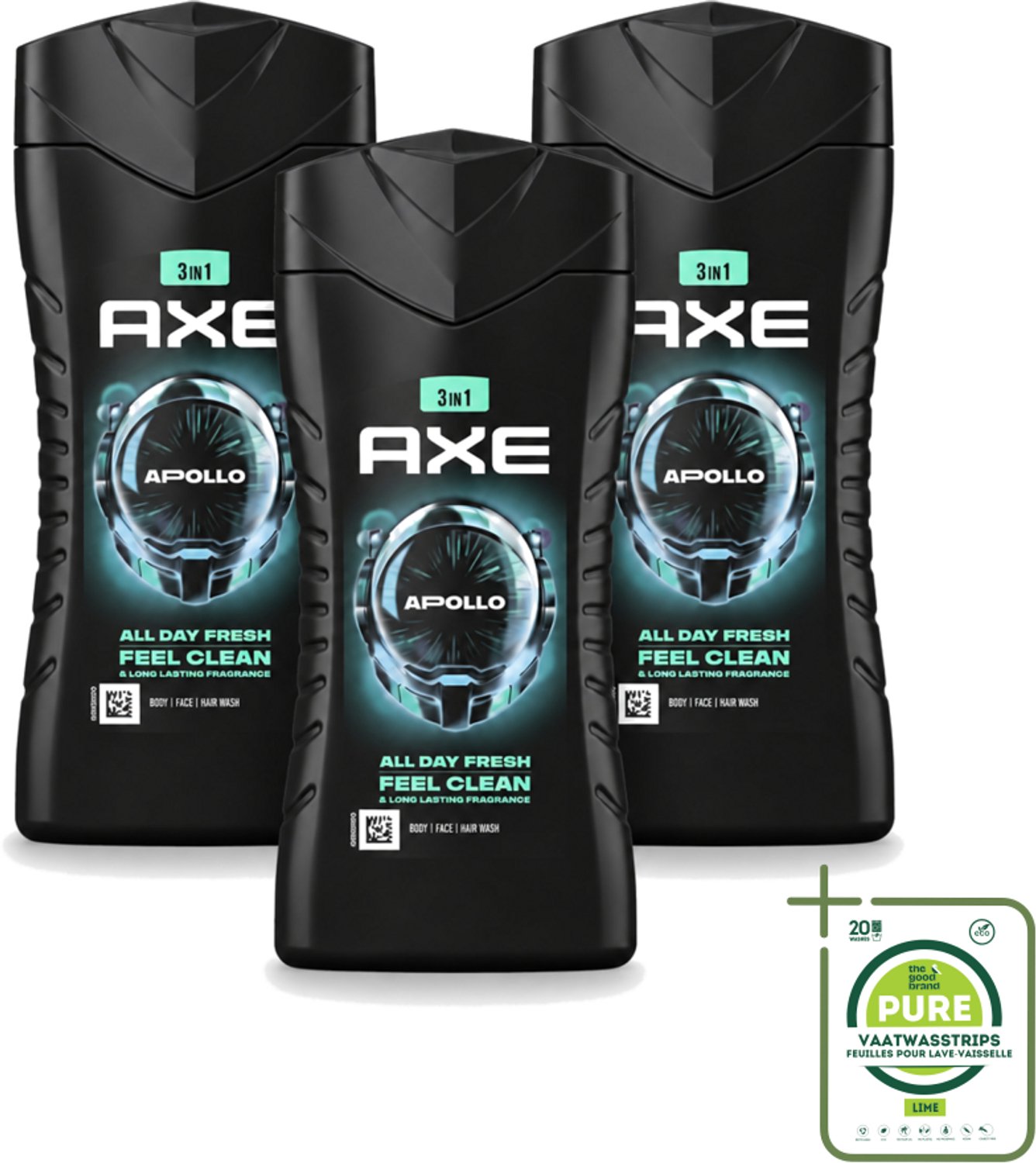 3 x Axe - 3-in-1 Douchegel - Apollo - Sage & Cedarwoord - 12hrs Long Lasting Scent - 250 ml - Grootverpakking - Vaatwasstrips - Douchegel Lichaam Gezicht Haar - Geur Salie Cederhout - 12 Uur Fris - Bacteriënverwijdering - Plantaardige Moisturizers