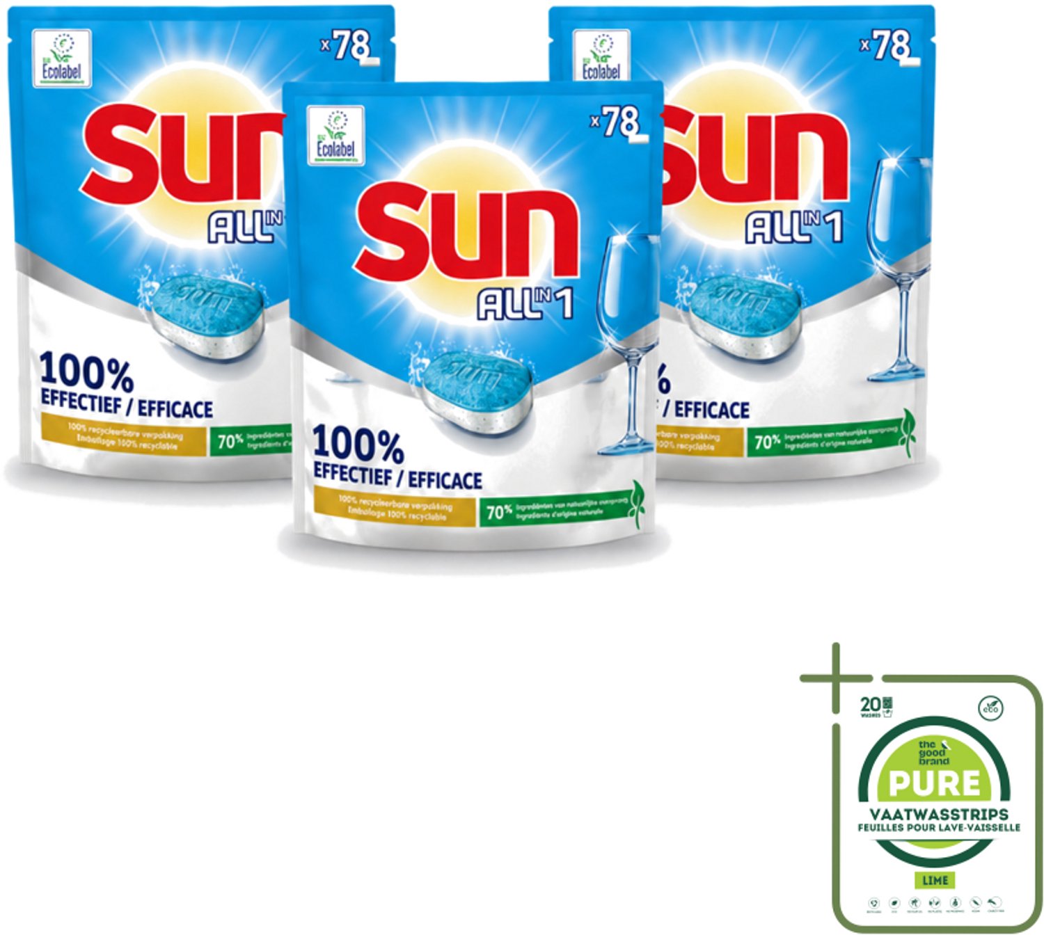 3 x Sun All-in-1 - Eco Label - Vaatwastabletten - 78 Tabletten - Grootverpakking - Vaatwasstrips - Vaatwastabletten - Milieuvriendelijke Vaatwas - Eco Label - Vaatwasser Tabletten - Vet Verwijderen