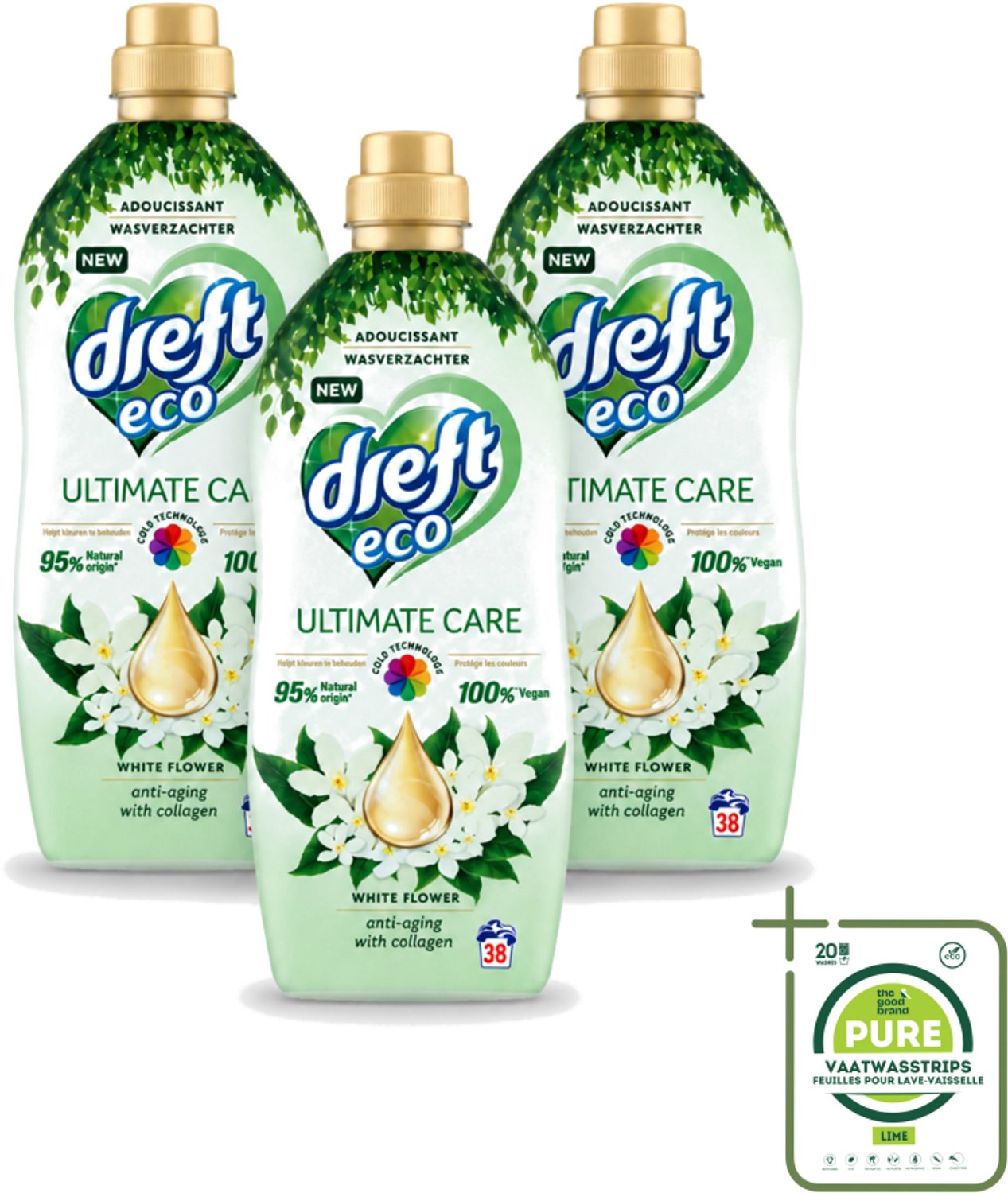 3 x Dreft ECO - Wasverzachter - Gekleurde Was - Witte Bloem - Anti-Veroudering - 38 Wasbeurten - Grootverpakking - Vaatwasstrips - Wasverzachter - Anti-aging - Kleurbescherming - Collageen - Wasgoed Verzorgen