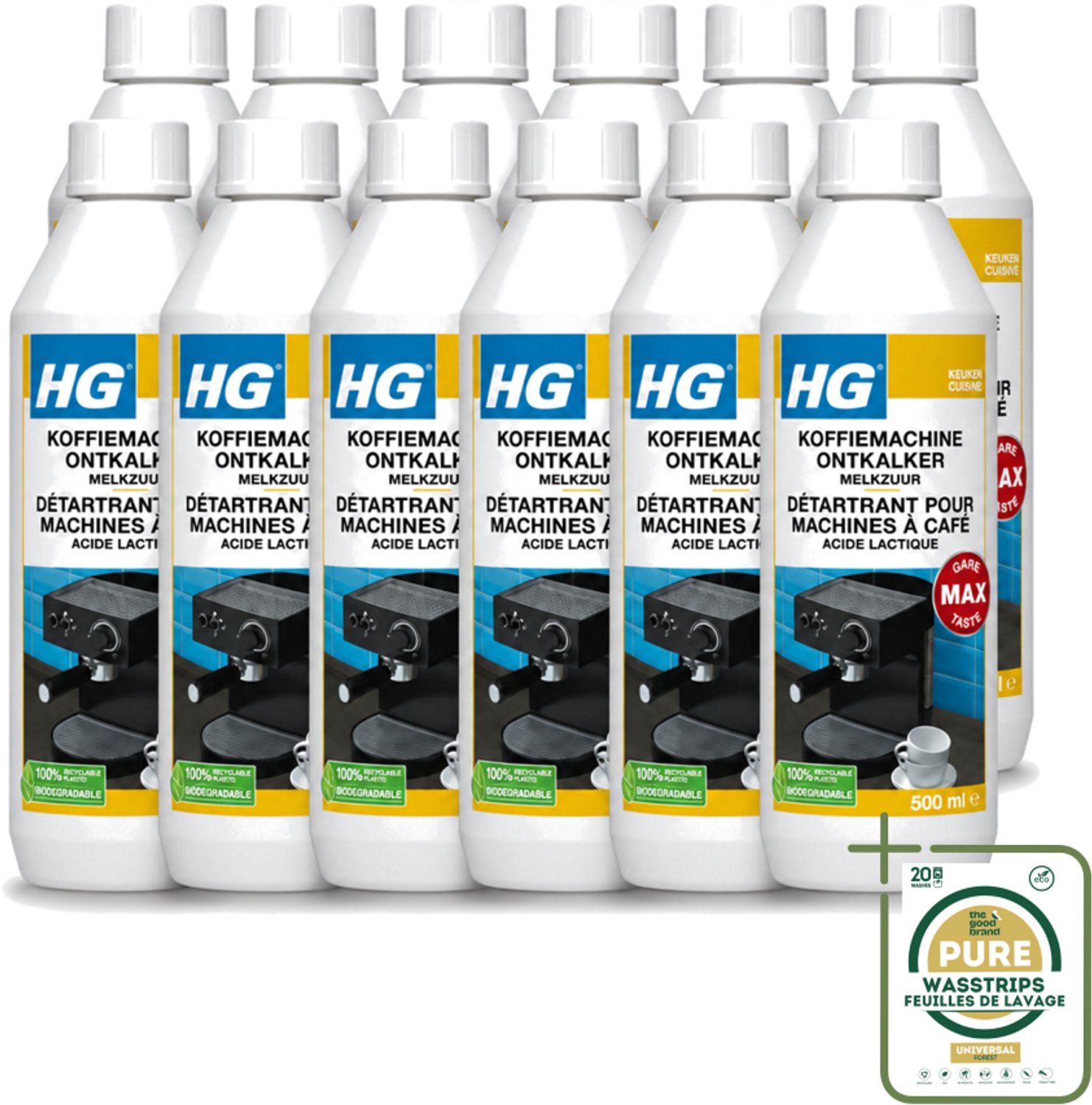 12 x HG - Koffiemachine Ontkalker - Op Basis Van Melkzuur - 4 tot 5 Reinigingsbeurten - 500 ml - Wasstrips - Koffiemachine Ontkalker - Melkzuur Ontkalker - Espresso Machine Ontkalker - Padkoffiemachine Ontkalker - Kalkverwijdering