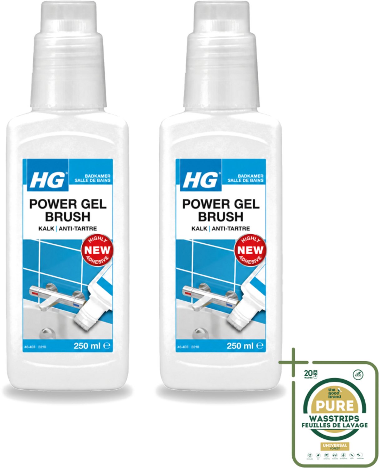 2 x HG - Badkamer - Power Gel Brush - Kalk - Agressief - 250 ml - Wasstrips - Kalk Verwijderen - Badkamer Schoonmaken - Kalk Oplossen - Douchewand Reinigen - Kraan Reinigen