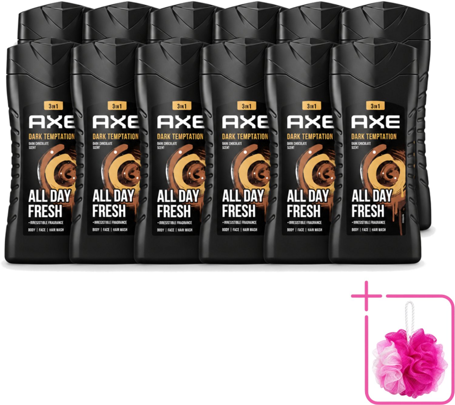 12 x Axe - 3-in-1 Douchegel - Dark Temptation - Dark Chocolate - 12hrs Long Lasting Scent - 250 ml - Bulkverpakking - Douchegel - Douchemop - Geur