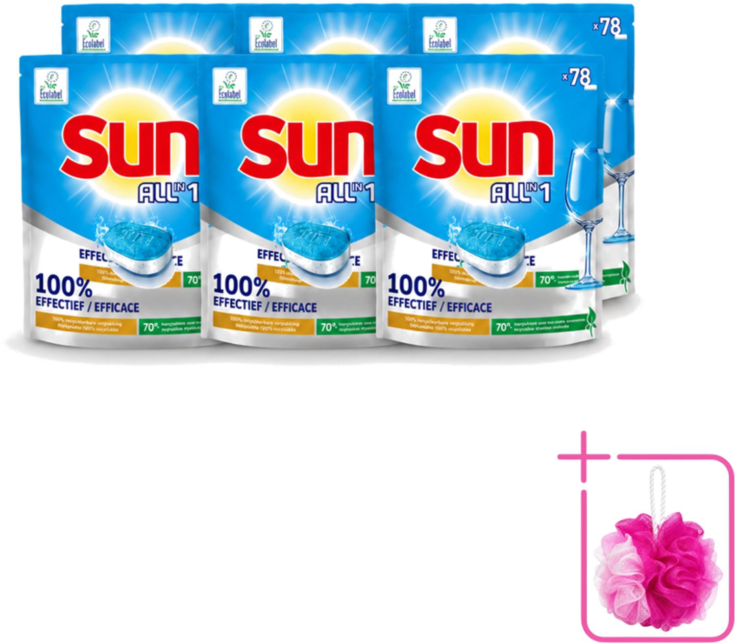 6 x Sun All-in-1 - Eco Label - Vaatwastabletten - 78 Tabletten - Bulkverpakking - Vaatwastabletten - Douchemop - Milieuvriendelijke vaatwas