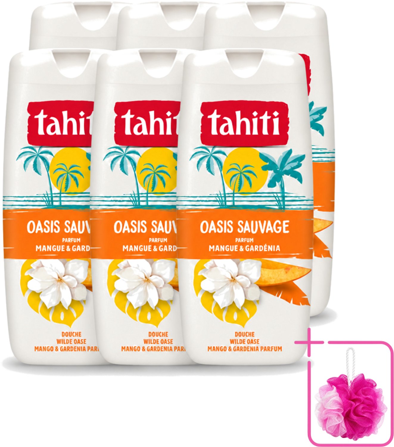 6 x Tahiti - Douchegel - Wilde Oase - Mango & Gardenia - 315 ml - Bulkverpakking - Douchegel - Douchemop - Mango