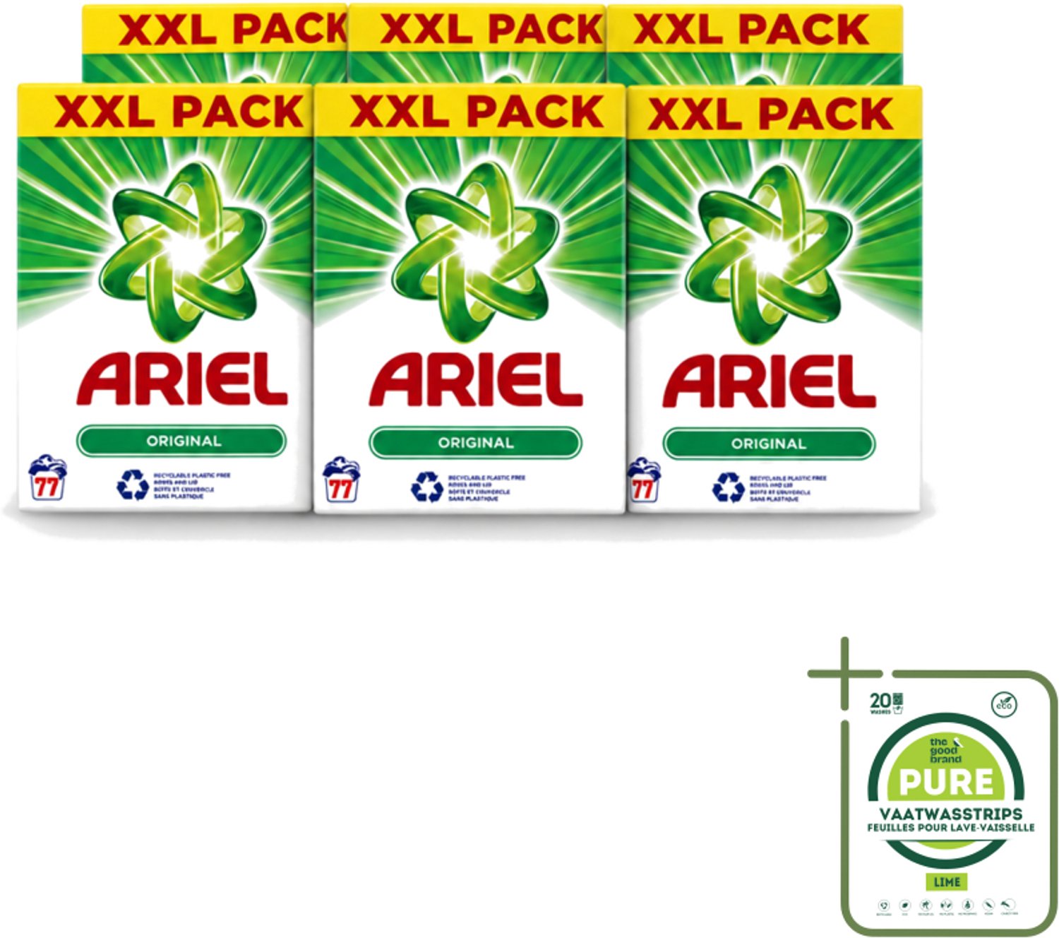 6 x Ariel Original XXL - Waspoeder - Witte en Lichtgekleurde Was - 77 Wasbeurten - Grootverpakking - Vaatwasstrips - Waspoeder - Wasmiddel - Vlekverwijdering - Witte Kleding - Lichtgekleurde Kleding