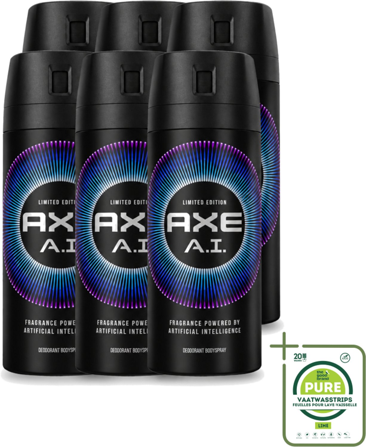 6 x Axe - Limited Edition - Deodorant Bodyspray - A.I. - 150 ml - Grootverpakking - Vaatwasstrips - Axe A.I. Bodyspray - Deodorant Bodyspray - Geur - Geurbestrijding - Bergamot