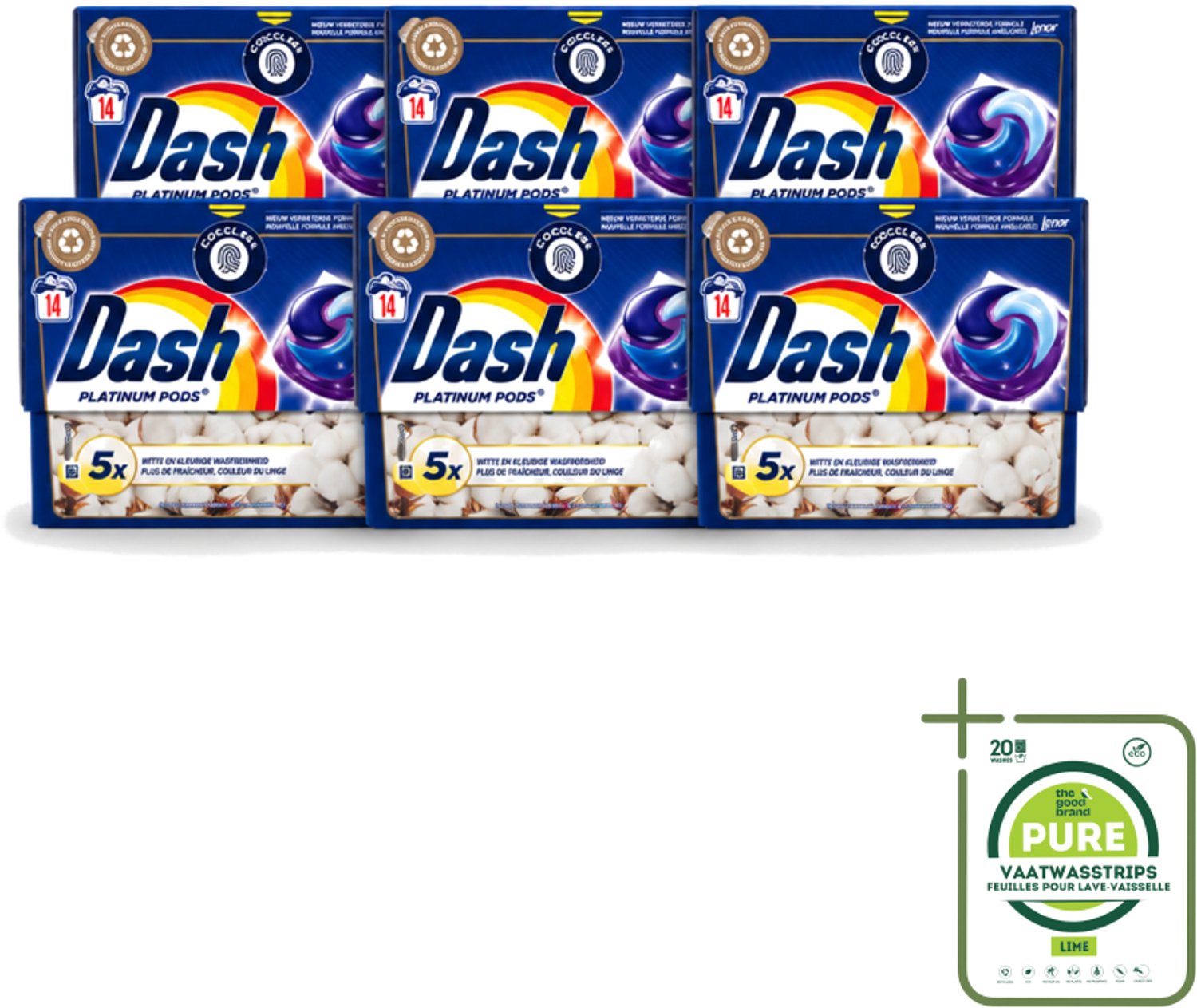 6 x Dash Platinum - Wasmiddel Capsules - Witte en Gekleurde Was - Frisheid van Katoen - 14 Wasbeurten - Grootverpakking - Vaatwasstrips - Wasmiddel - Wascapsules - Wasbeurten - Vlekverwijdering - Katoenfrisheid