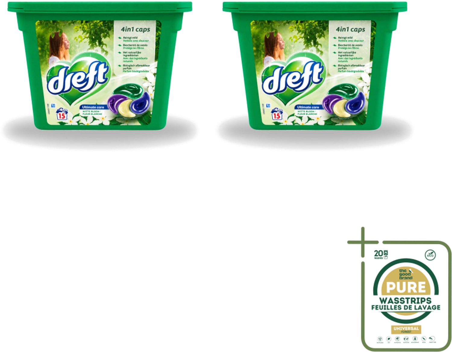 2 x Dreft - Wasmiddelcapsules 4in1 - Witte en Gekleurde Was - Witte Bloem - 15 Wasbeurten - Wasstrips - Wasmiddelcapsules - Witte Bloem - Was - Kleurenbeschermer - Vlekkenverwijderer
