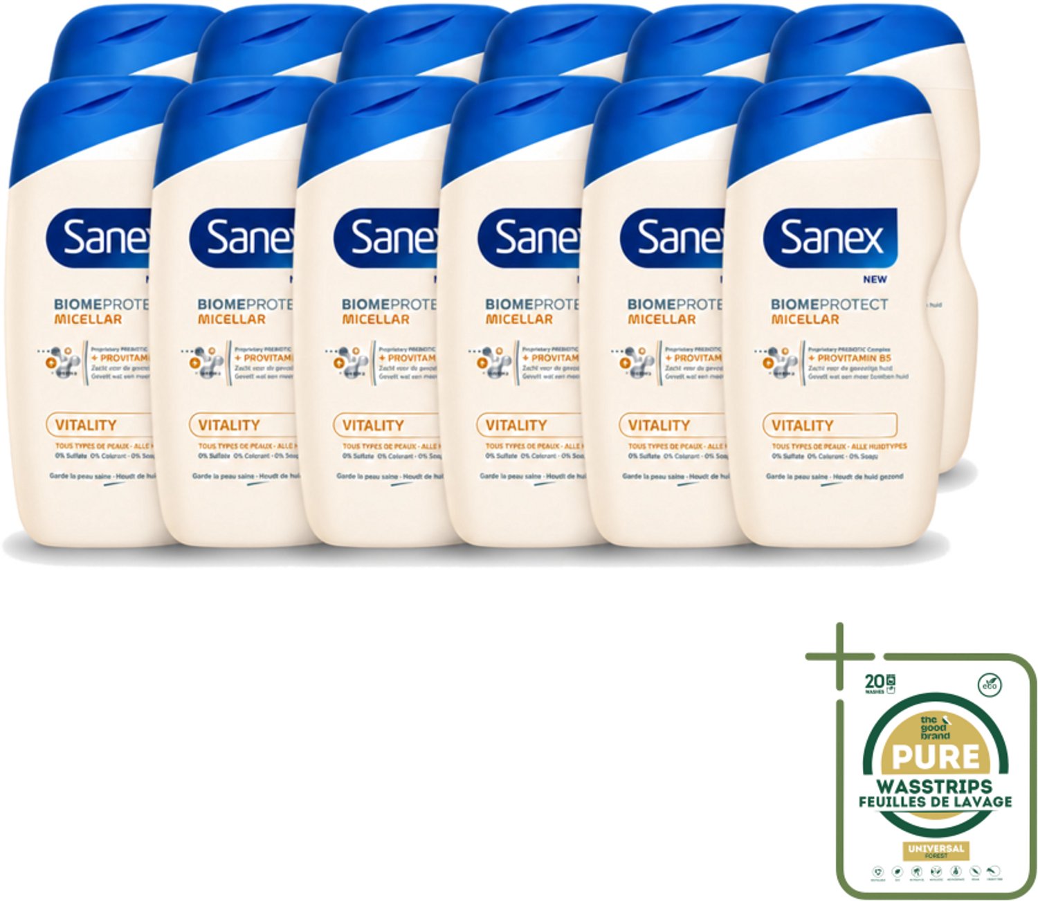 12 x Sanex - BiomeProtect Micellair - Douchegel - Vitaliteit - 0% Sulfaat - Alle Huidtypes - 400 ml - Wasstrips - Huid Reinigen - Micellaire Douchegel - 0% Sulfaten - Huidbarrière - Huid Vitaliteit