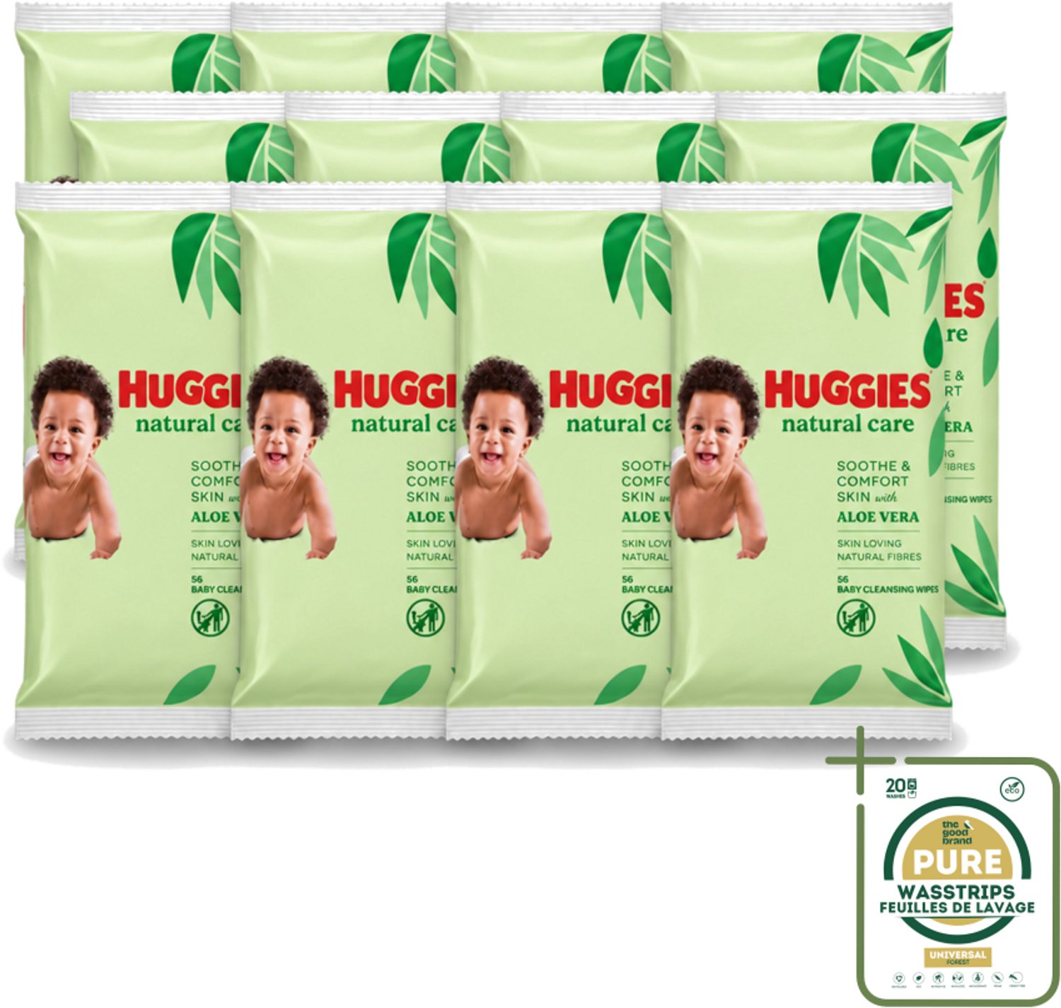 12 x Huggies - Billendoekjes - Huidvriendelijk - Met Aloë Vera - 56 Babydoekjes - Wasstrips - Billendoekjes Voor Baby - Zachte Reiniging - Hypoallergeen - Aloë Vera - Vitamine E