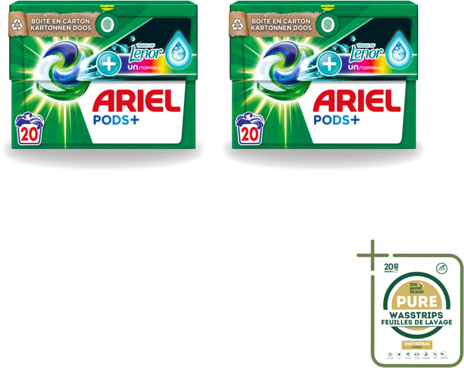2 x Ariel Original - Touch of Lenor Unstoppables - Wasmiddelcapsules - Pods+ - Gekleurde Was - 20 Wasbeurten - Wasstrips - Wasmiddel Capsules - Gekleurde Was - Frisse Geur - Koud Water Was - Vlekverwijdering