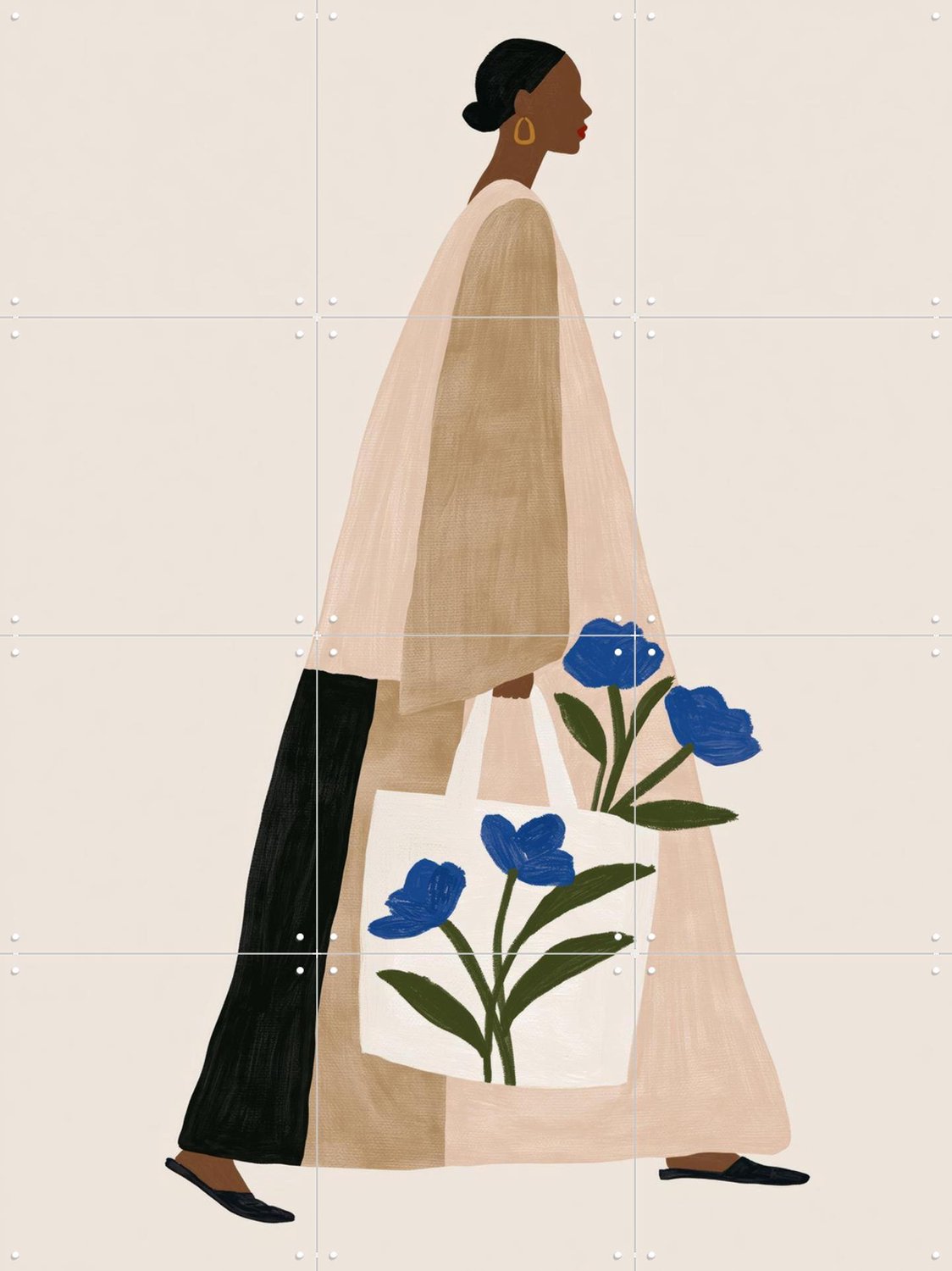 IXXI Blue Bloom, Atelier Pommeline - 60 x 80 cm - Grote wanddecoratie en posters - Modern, Fantasierijk, Minimalisme, Woonkamer, Gang, Slaapkamer Beige / Blauw / Zwart
