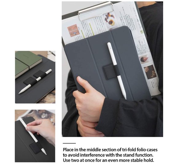 Klevende Penhouder 4-Pack Zwart– Geschikt voor Apple Pencil, dagboeken, notitieboeken, enz. – Duurzame, elastische penlus van PU-leer met zelfklevende 3M-achterzijde. — afbeelding 4