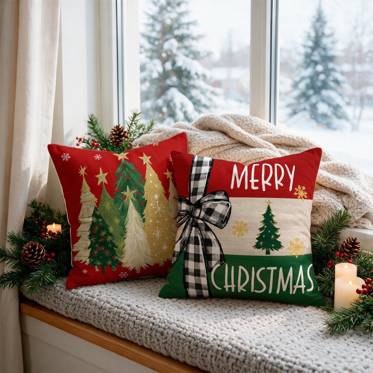 Set van 4 - Kerst kussensloop - Kussenhoes - Kerstkussenslopen - 45 x 45 cm - Kerst decoratie - Kussenhoesjes - Winter vakantie kerstdecoratie - Thuis bank kussen - Binnen decoraties - Voor decoratie Kerstmis, bank, slaapkamer - Linnen - Rood – foto 3