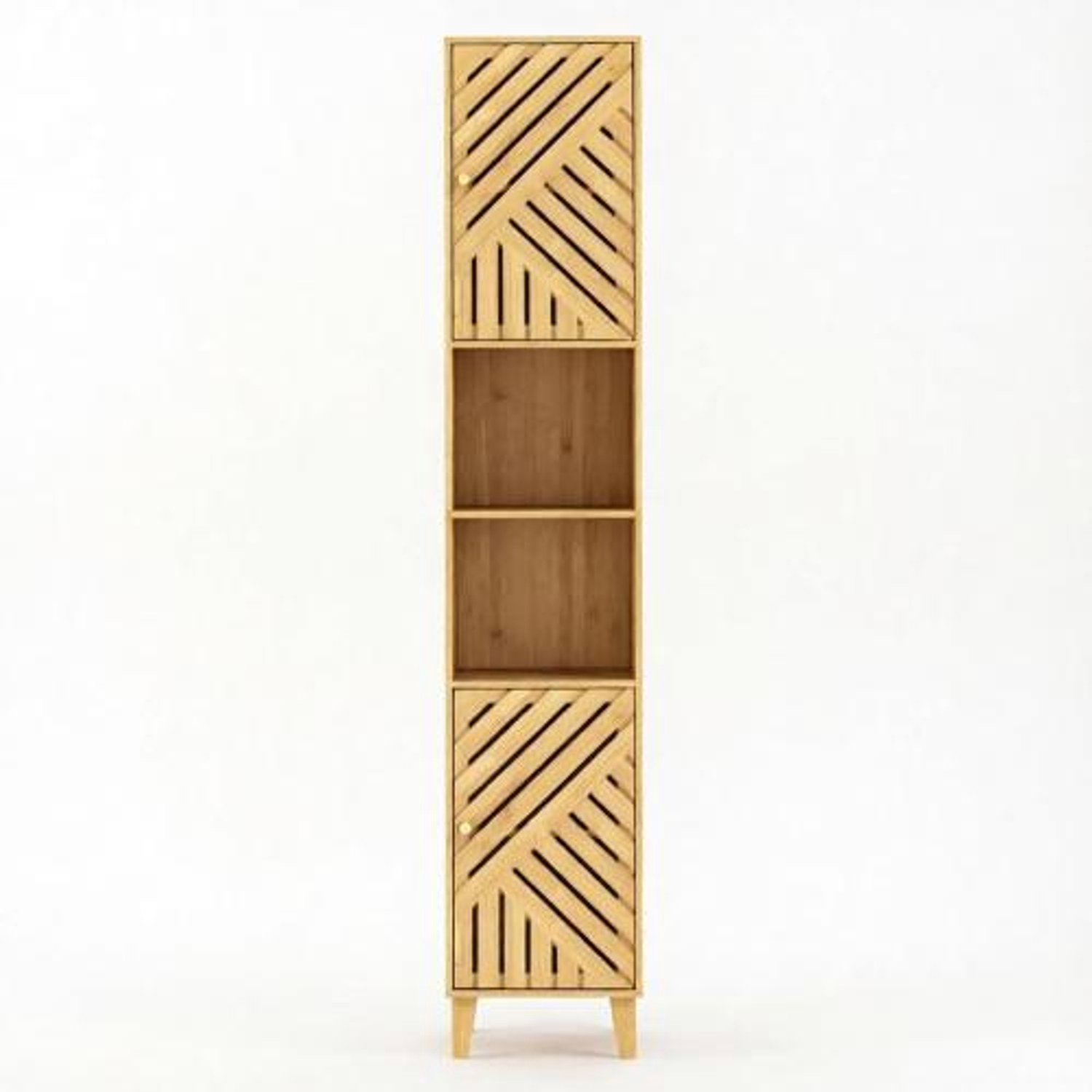 Smal hoge badkamerkast van bamboe met gedecoreerde deurtjes, natuurlijk, 32 × 30 × 170 cm