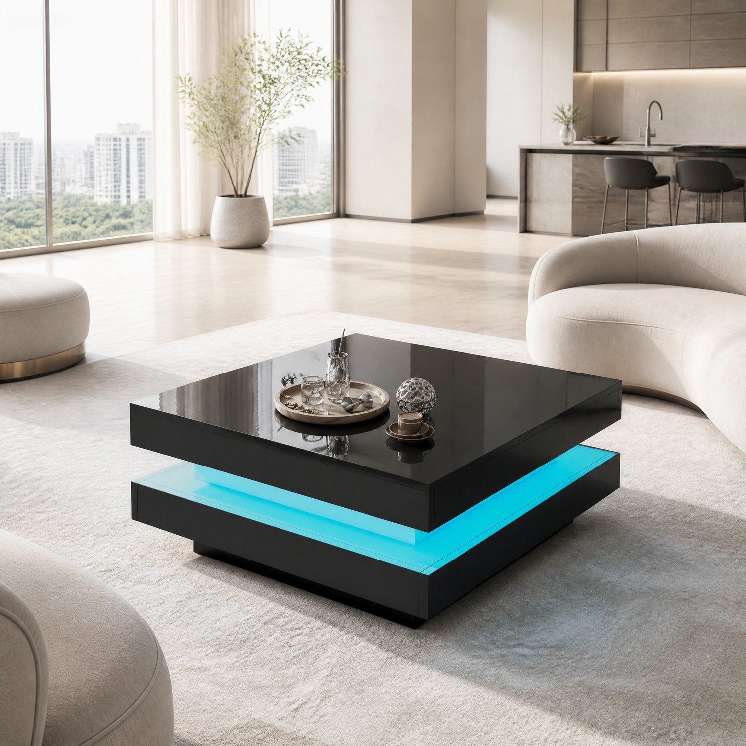 Vierkante salontafel 70 x 70 x 36 cm met 16-kleuren LED, spaanplaat, zwart