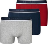Drie Schiesser boxershorts in grijs, donkerblauw en rood met elastische band voorzien van merklogo.