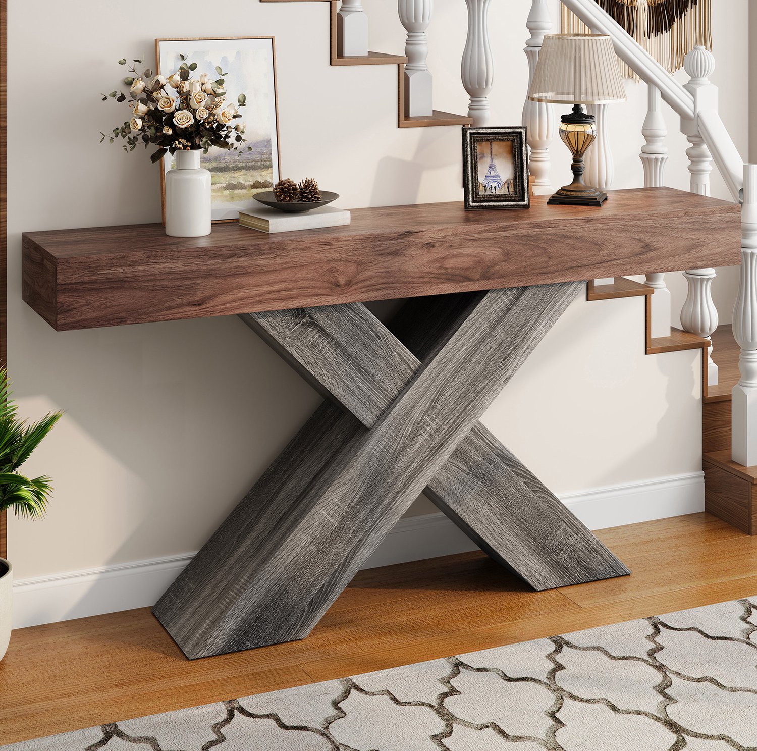 Maisentiel Sidetable 140 x 30 x 80 cm met X-onderstel van spaanplaat - walnootkleur