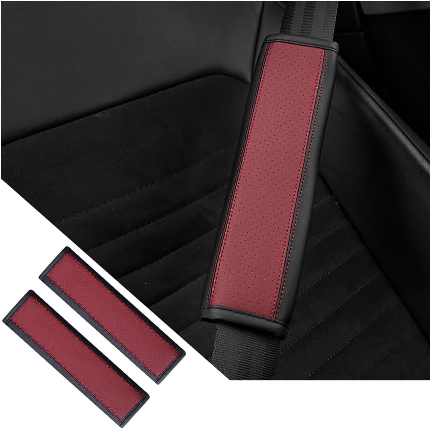 Set van 2 Autogordel Kussens, Zachte Schouderpadding voor Comfort en Bescherming, Duurzaam en Ademend (Zwart & Bordeau)