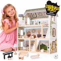 Lulilo houten poppenhuis in boho-stijl met LED-verlichting, miniatuurmeubels en een 'Zabawka Roku 2025' award-sticker.