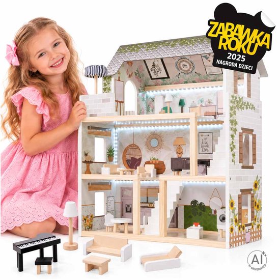 Lulilo houten poppenhuis in boho-stijl met LED-verlichting, miniatuurmeubels en een 'Zabawka Roku 2025' award-sticker.