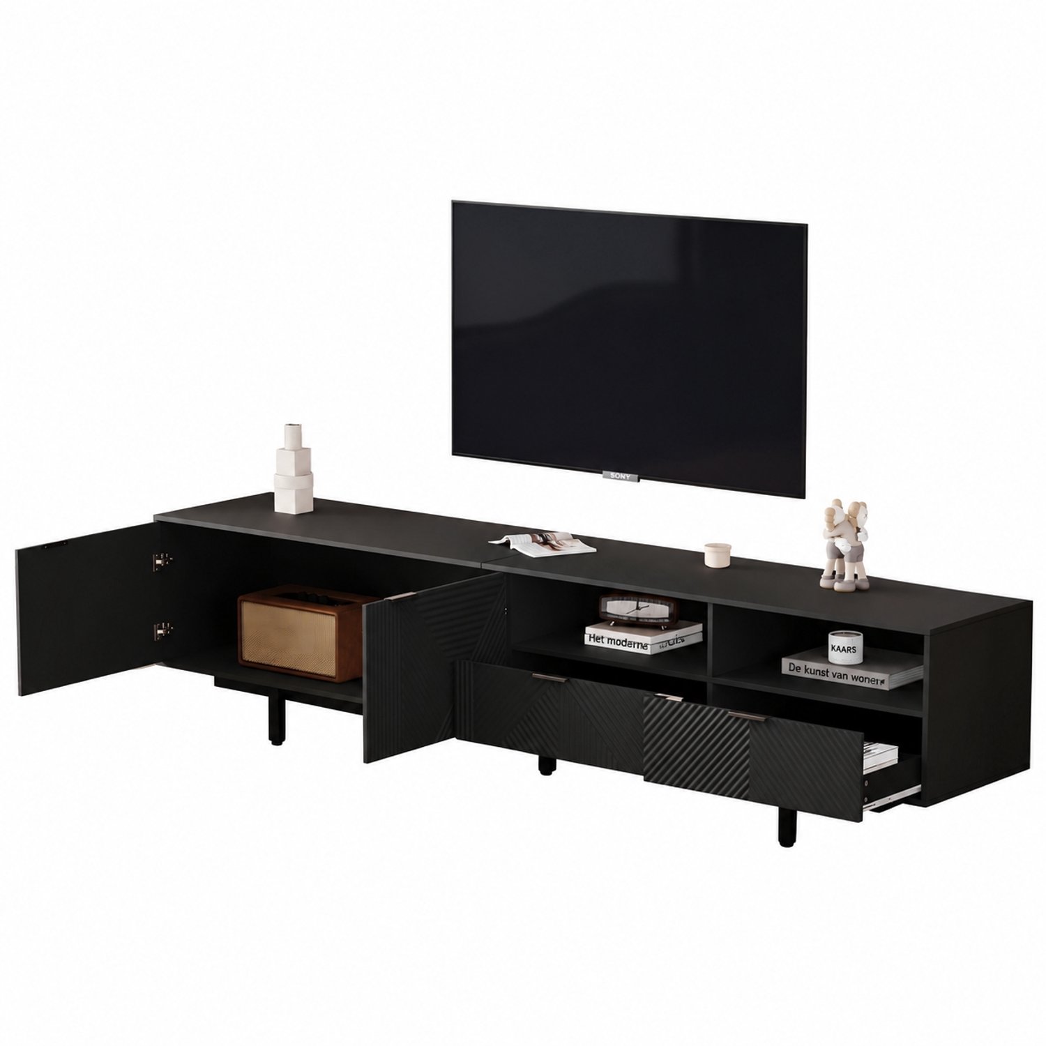 Welltin Tv-meubel - Geometrisch Lijnpatroon - Opbergruimte met Kastdeuren - Voor Tv tot 90 Inch - 200 x 40 x 51 cm - Zwart