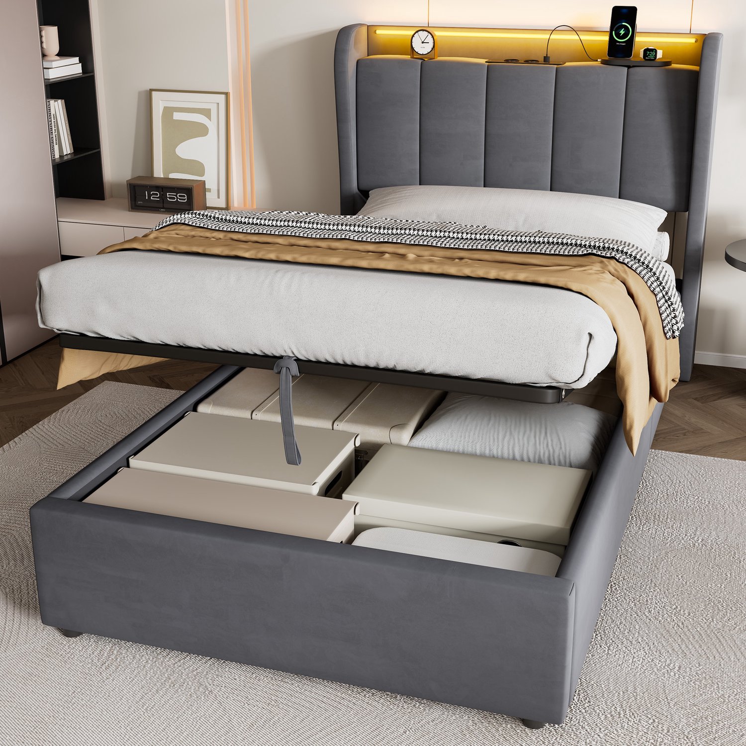 CHICFURN Tienerbed 90x200 cm - Tienerkamer - Opbergruimte - Hydraulisch opbergbed - Fluweel, hout en metaal - Donkergrijs