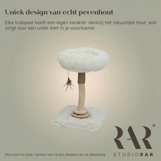 Unieke krabpaal van echt perenhout met een zachte witte pluche mand voor de kat.