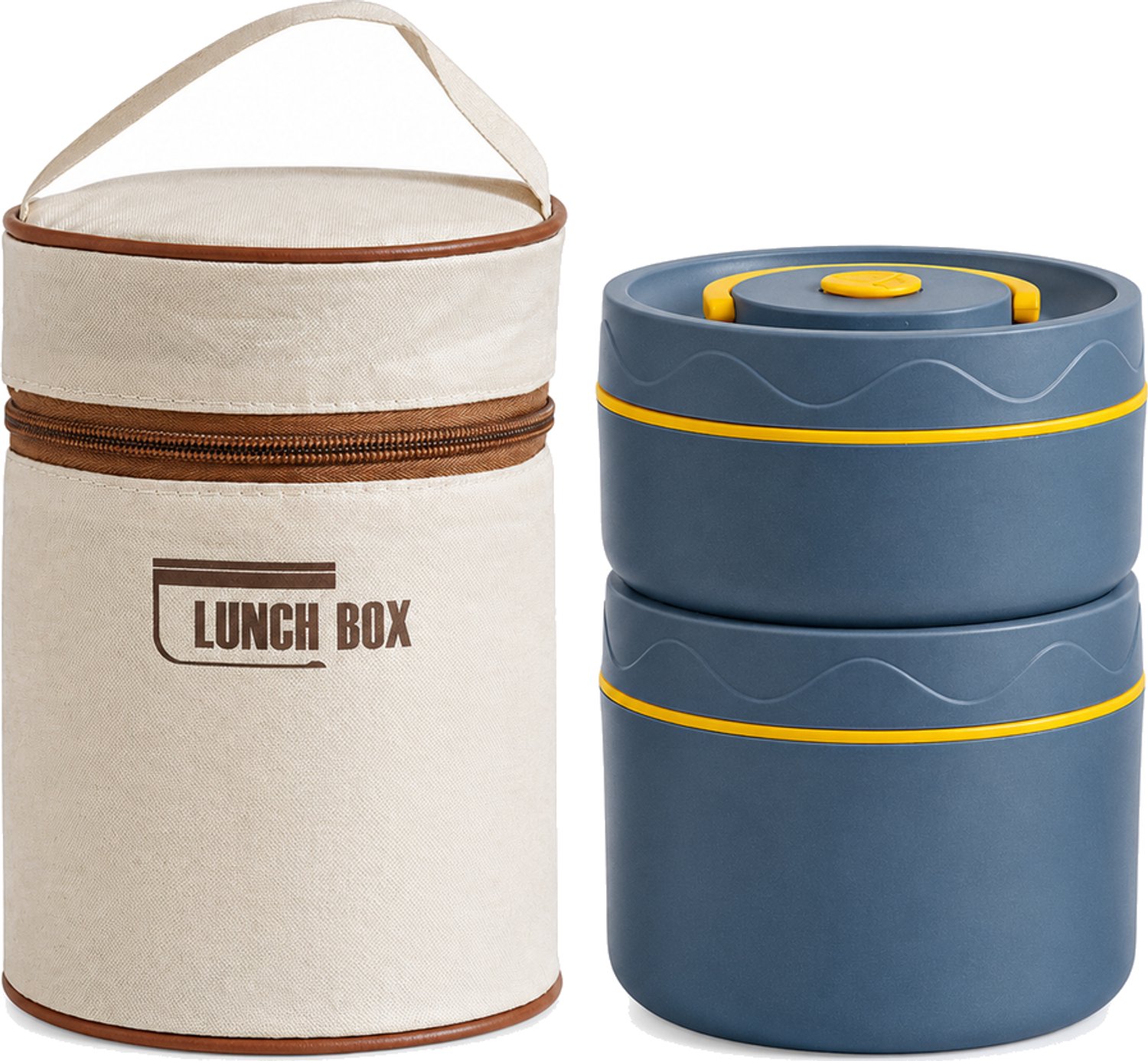 Broodtrommelset met twee ronde lunchbakjes van 304 roestvrij staal, 440 ml en 600 ml, met geïsoleerde draagtas