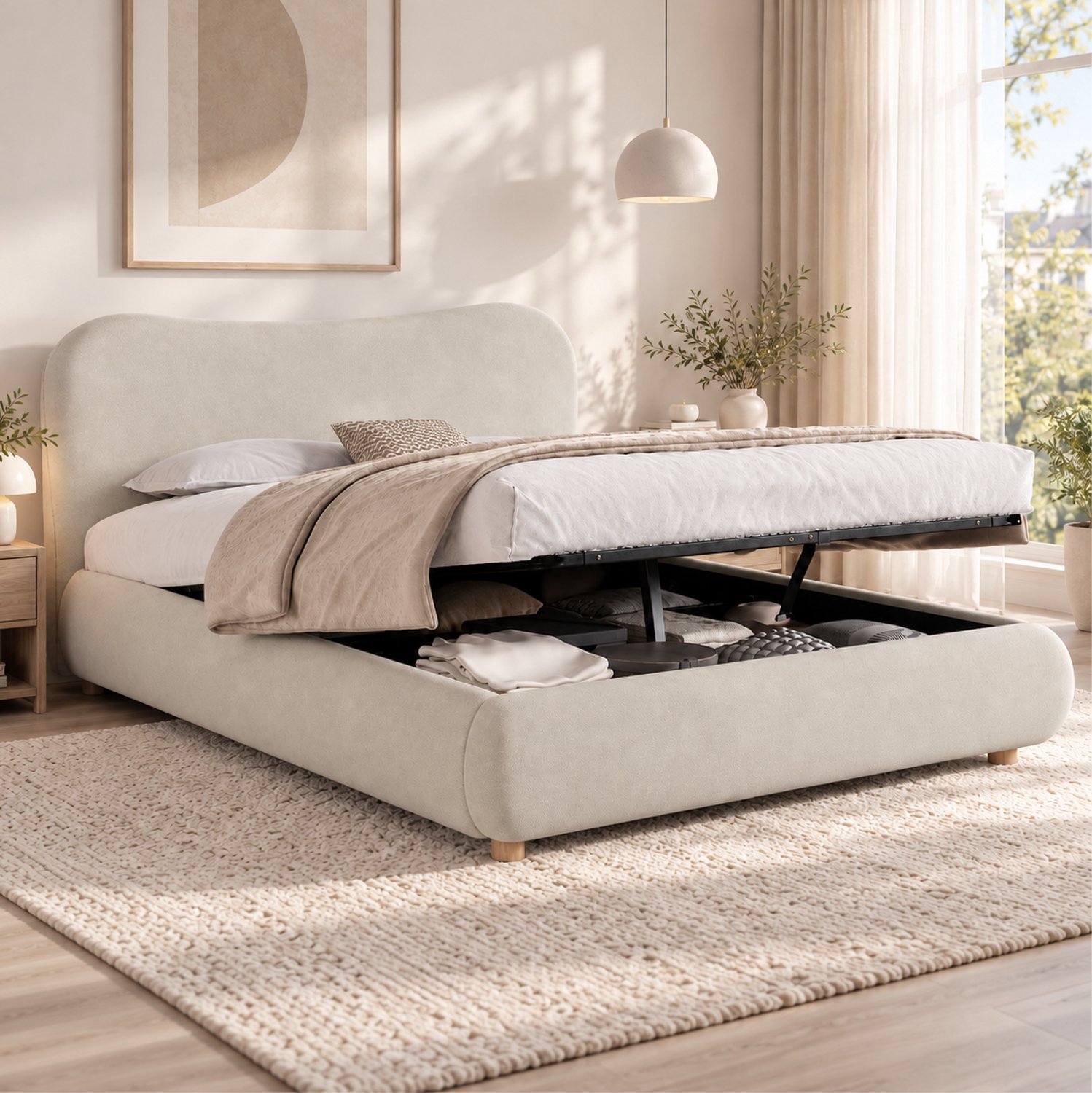 MIVRAY Gestoffeerd Bed 180x200 cm - Tweepersoonsbed Met Hydraulisch Opbergvak en Lattenbodem - Zonder Matras - Fluweel - Crème