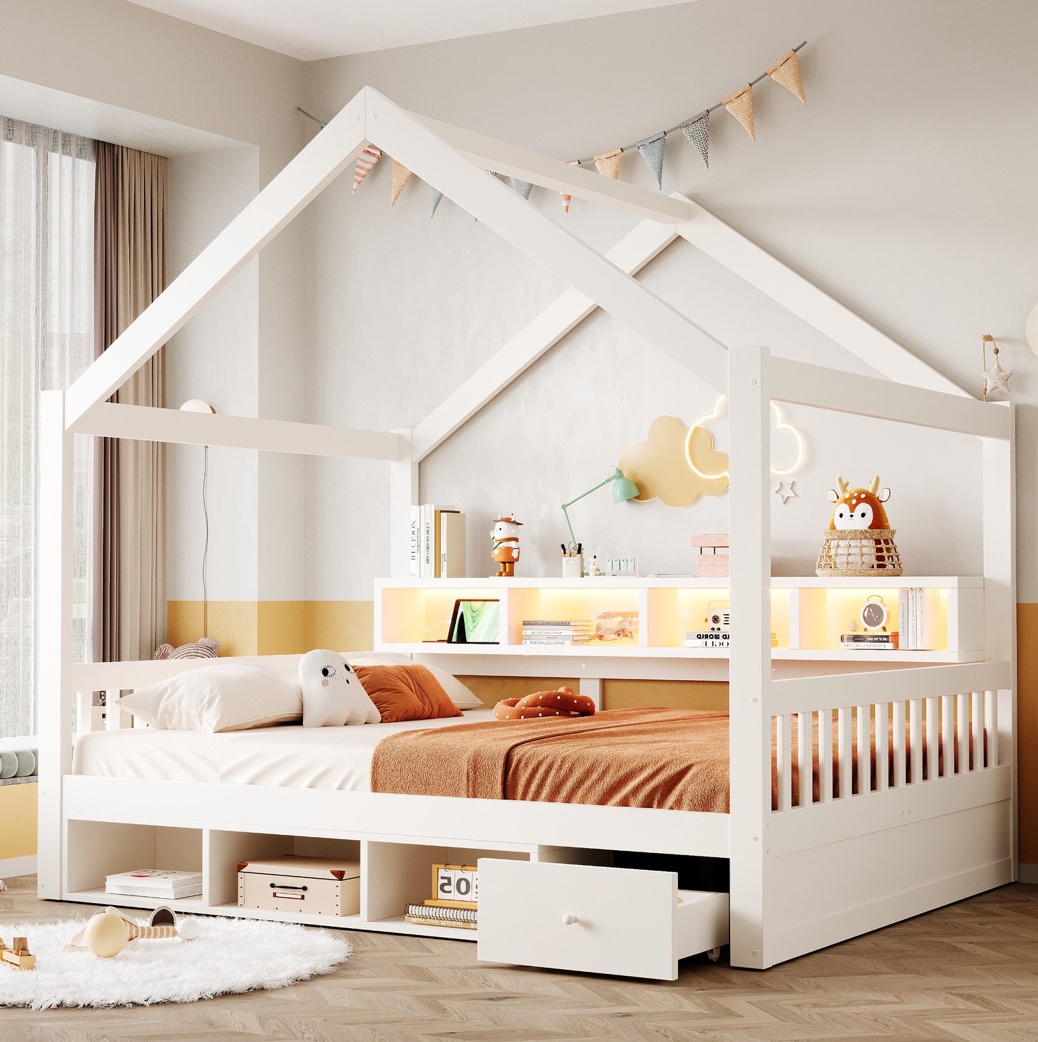 MODENUIT Bed Met Dakframe – 140 x 200 cm – Hout En MDF – Wit – Met Opbergruimte, Laden, Verlichting En Stopcontacten
