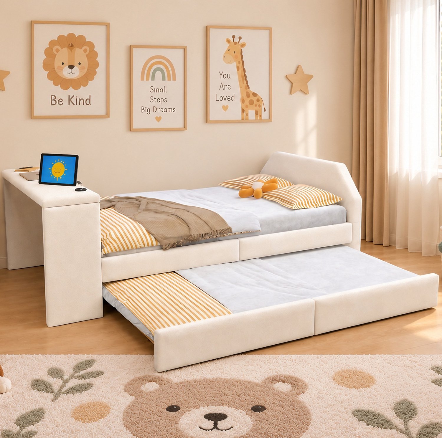 MODENUIT Kinderbed – 90 x 200 cm – Met Bureau en USB-Aansluiting – Stof – Beige – Met Uitschuifbaar Logeerbed
