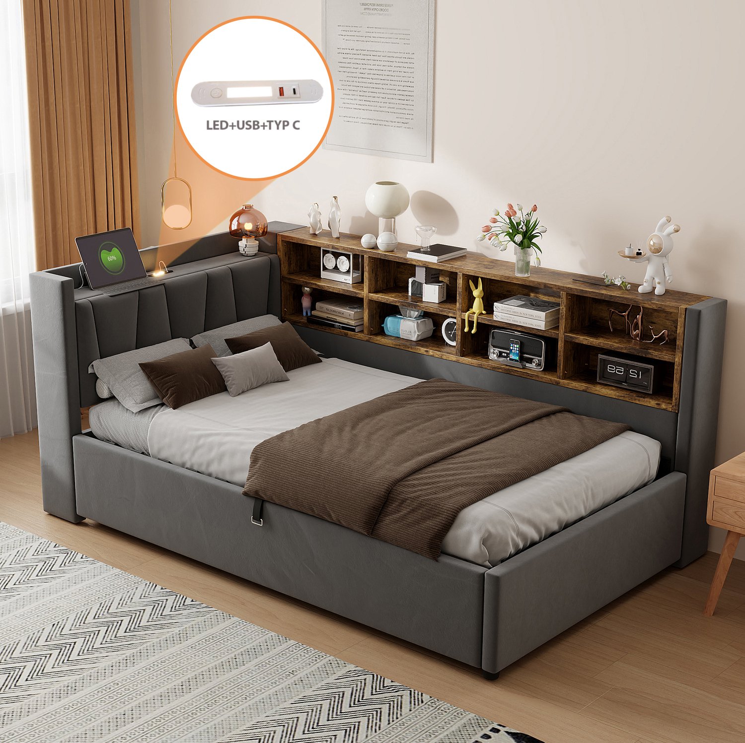 DESMIU Slaapbank 90x200 cm – Nachtlamp Met USB En Type C Oplaadpunten – Hydraulische Opbergruimte – Stof – Grijs – Zonder Matras Donkergrijs