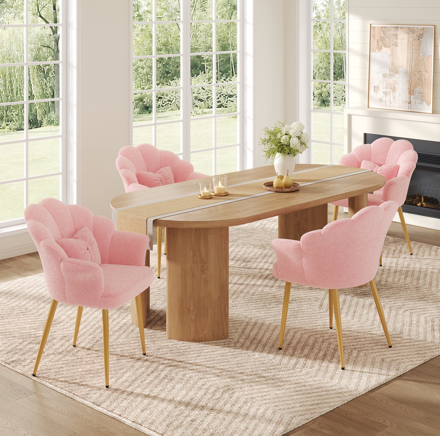 OKWISH Eetkamerstoel - Set Van 4 - Bloemvormige Rugleuning - Teddystof - Roze