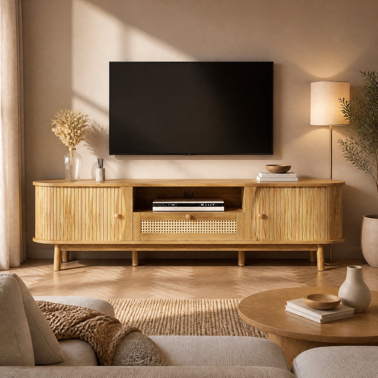 Maisentiel TV-meubel 165 x 37 x 46 cm met rotan laden en schuifdeur - MDF, naturel