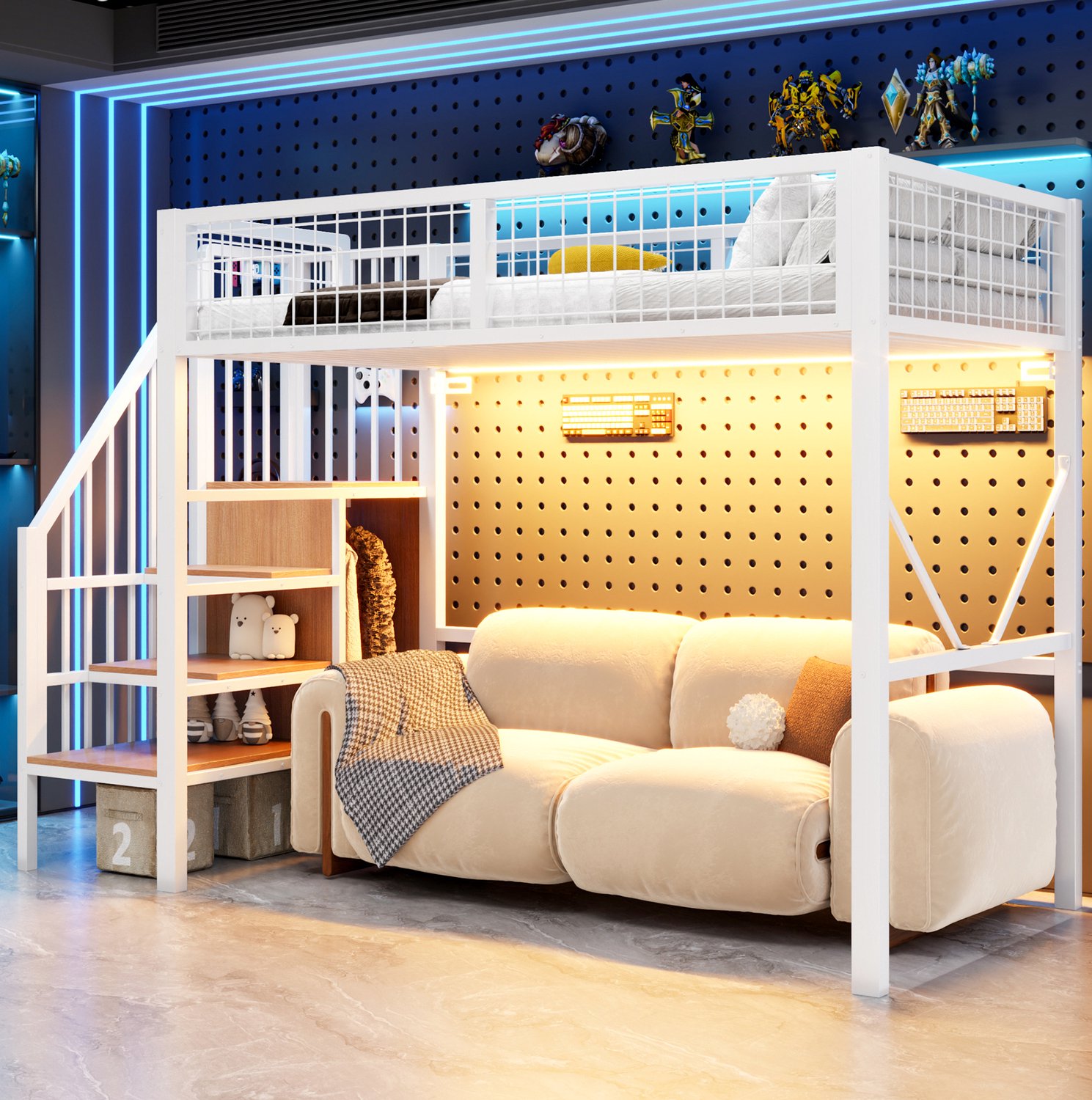 Wishdor Hoogslaper 90 x 200 cm - Metalen frame met LED-verlichting - Opbergladder met kledingstang - Metalen veiligheidshek - Industriële stijl - Kinderkamer slaapkamer - Wit