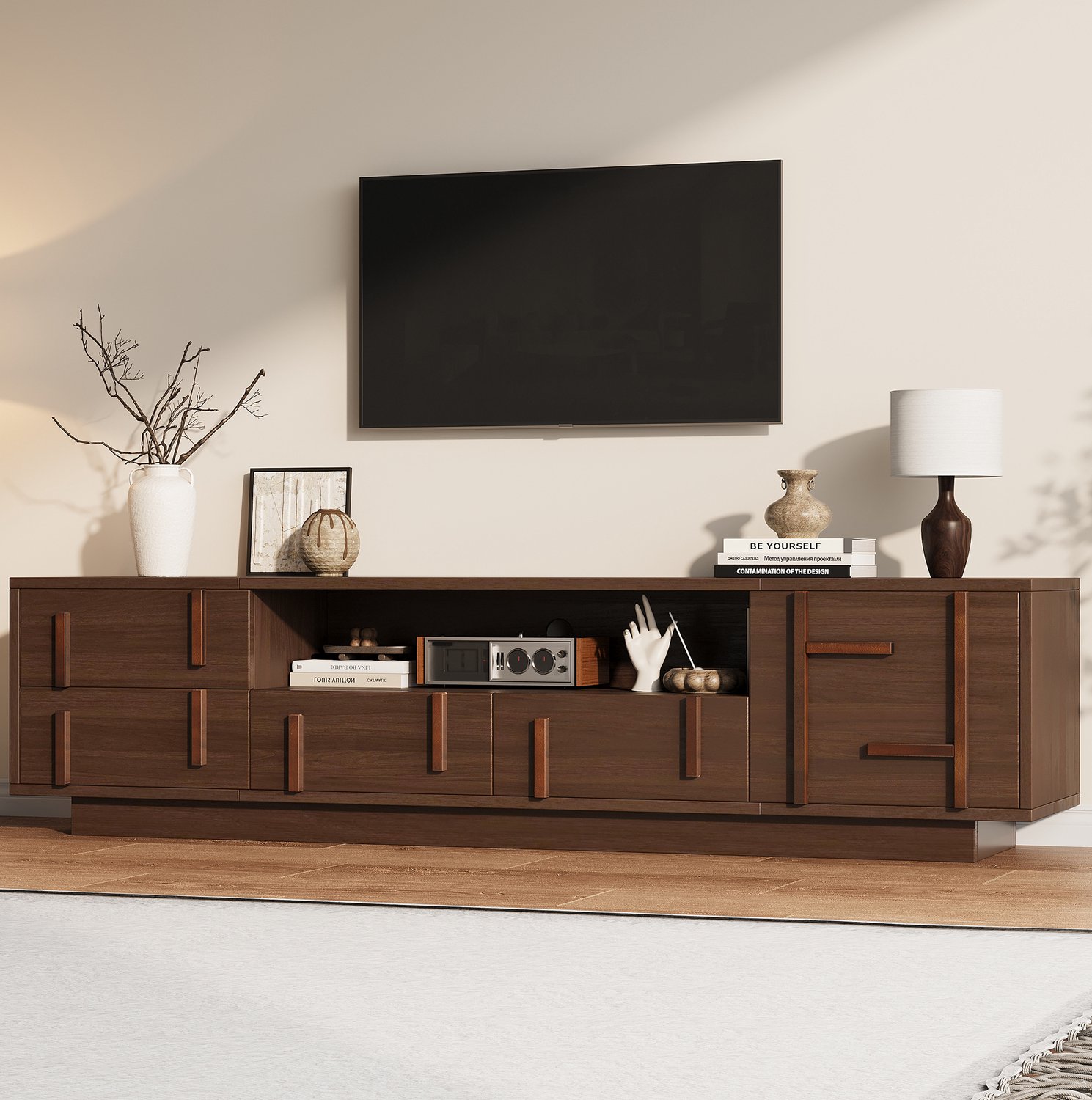 STILVORA Tv-Meubel - 4 Lades En 2 Open Vakken - Voor Televisies Tot 75 Inch - MDF - 180x40x45 Cm - Walnootkleur