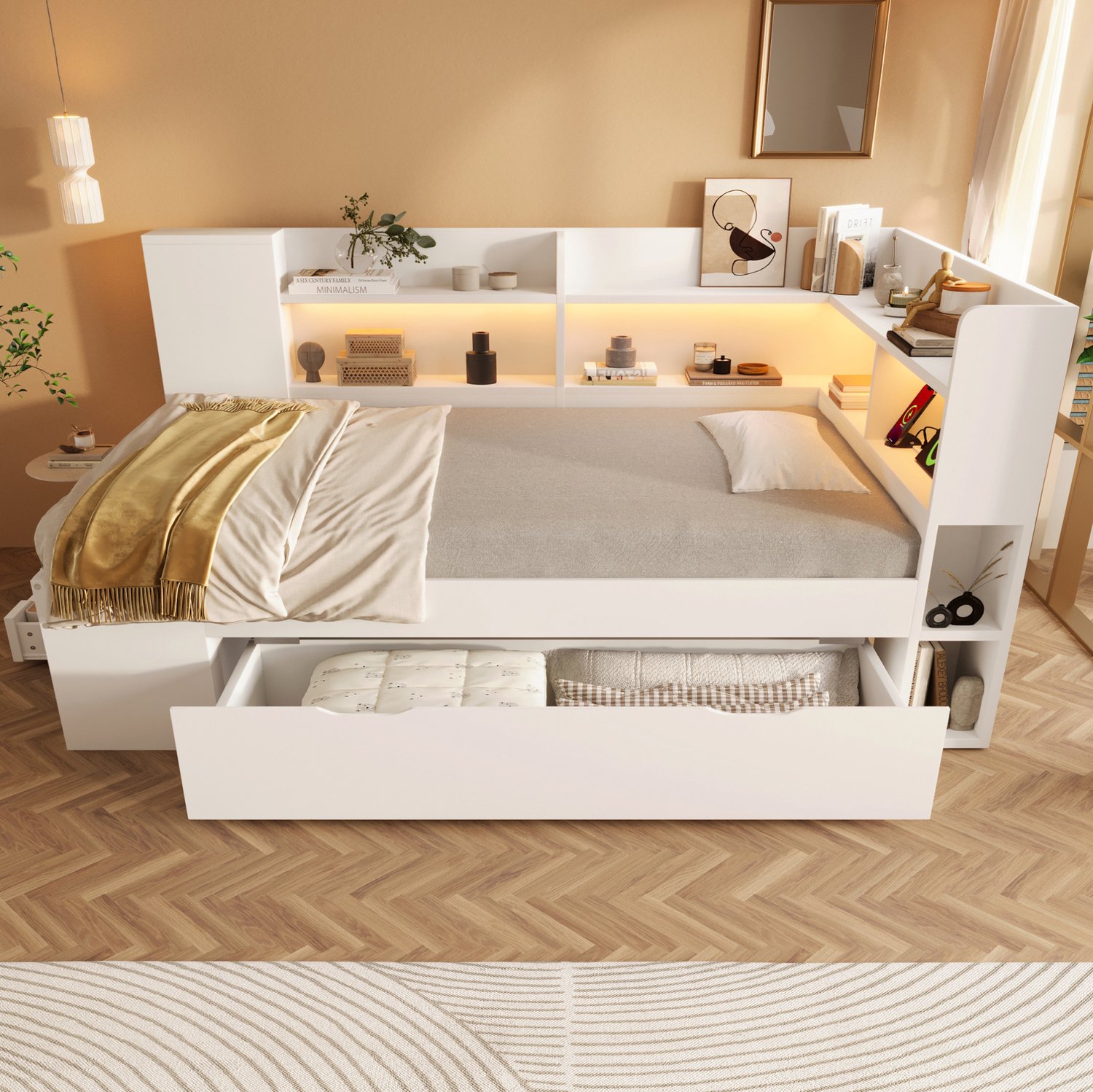COVREO Eenpersoonsbed met LED – 223x112x95 cm – Functiebed met opbergruimte – met USB en Type-C – Wit - zonder matras
