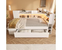 COVREO Eenpersoonsbed met LED – 223x112x95 cm – Functiebed met opbergruimte – met USB en Type-C – Wit - zonder matras
