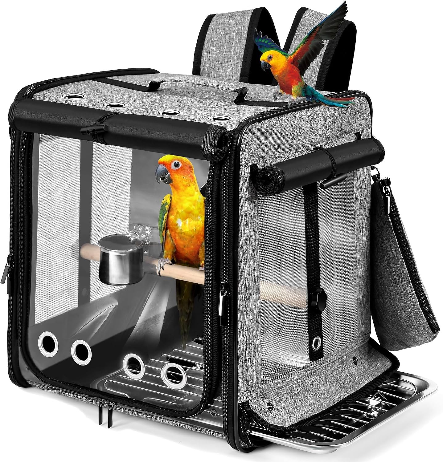 Bird Carrier with Safety Belt for Car Rides Bird Backpack with Indestructible Stainless Steel Mesh Large Bird Carrier Travel Bus Grey