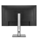Achterkant van ASUS ProArt monitor in zwart met zilveren standaard en kabelopening.