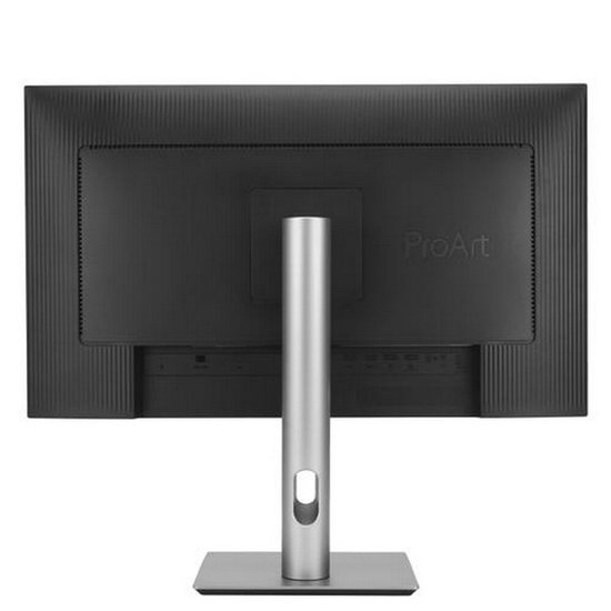 Achterkant van ASUS ProArt monitor in zwart met zilveren standaard en kabelopening.