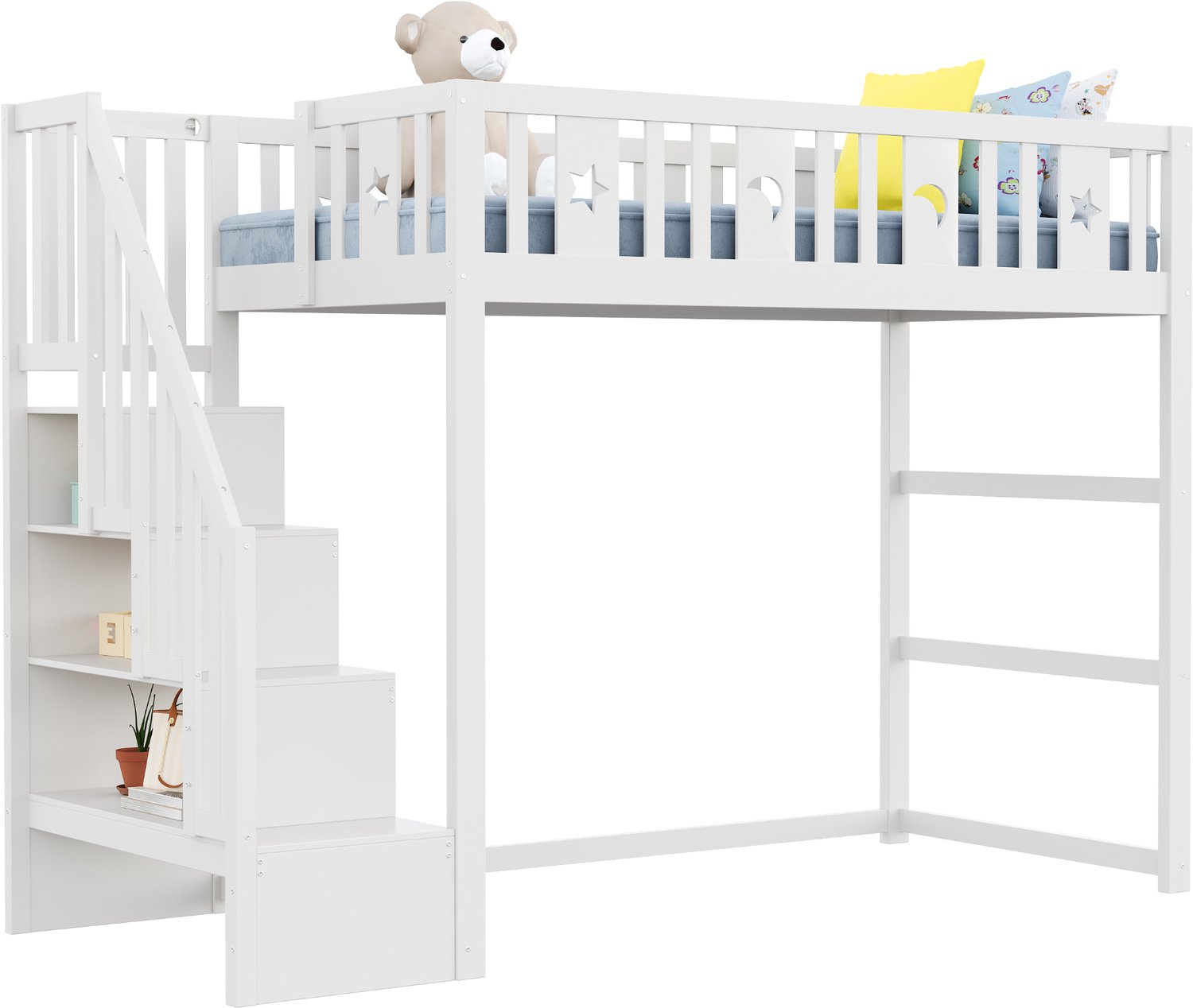 Witte Kinderhoogslaper 90x200 cm Met Trap - Opbergvakken En Zitruimte Eronder - Massief Grenen Met Multiplex En MDF - Sterren- En Maandecoratie