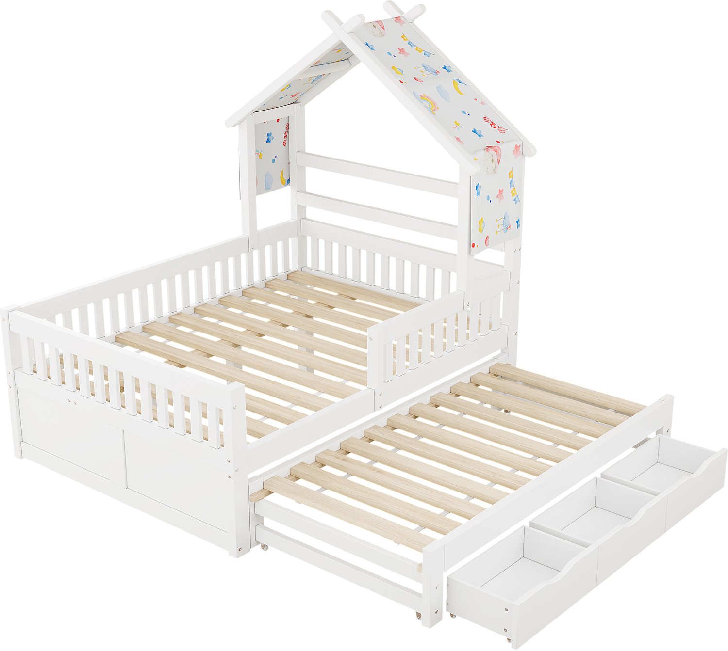 Wit Huisbed 140 x 200 cm - Met Uitschuifbed En 3 Opberglades - Grenenhout En MDF - Kinderbed Met Dakframe En Beschermhekken Voor De Kinderkamer