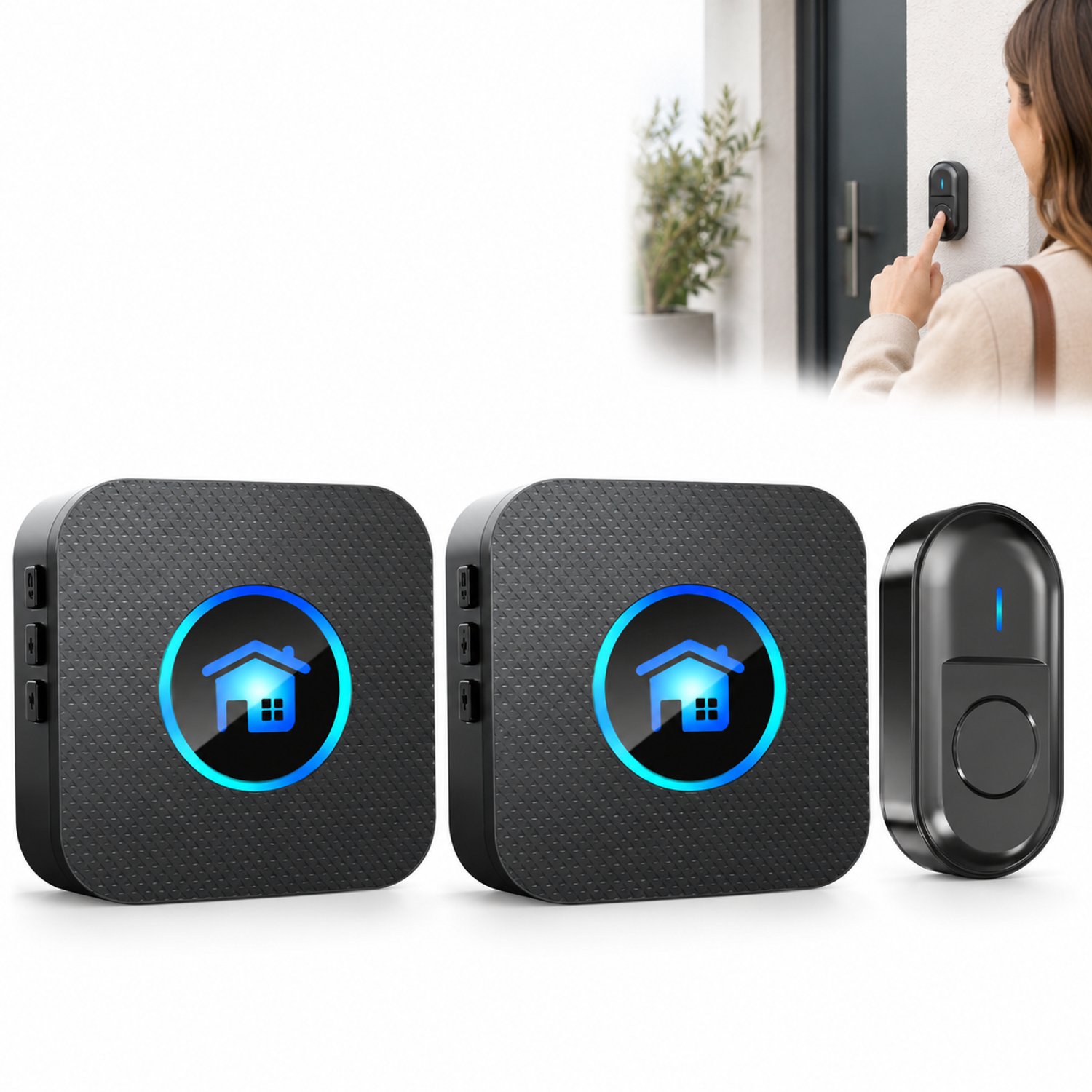 VHV - Draadloze deurbel met 2 ontvangers - Batterijloze plug-in deurbel - IP55 waterdicht - 300m bereik en 55 melodieën - LED-indicator