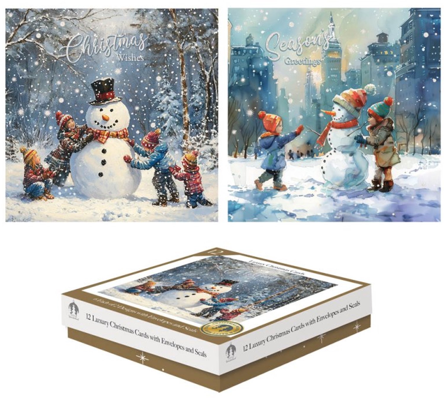12 Luxe Kerstkaarten Vierkant Snowman