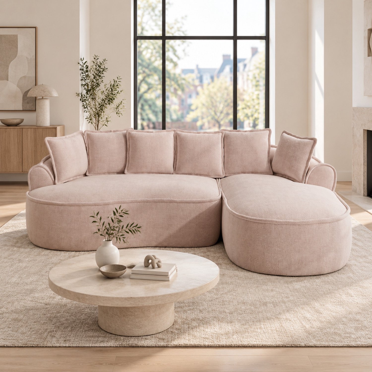 WUVRIE Hoekbank 252x164 cm - Chaise longue met diepe zitting en kussens - Chenille - Roze