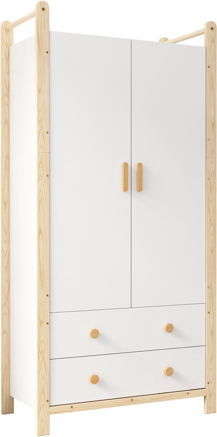 Kledingkast Met Kledingroede - 2 Draaideuren En 2 Lades - 90 x 45 x 180 cm - Witte Spaanplaat Met Grenen Frame - Voor Slaapkamer En Kinderkamer